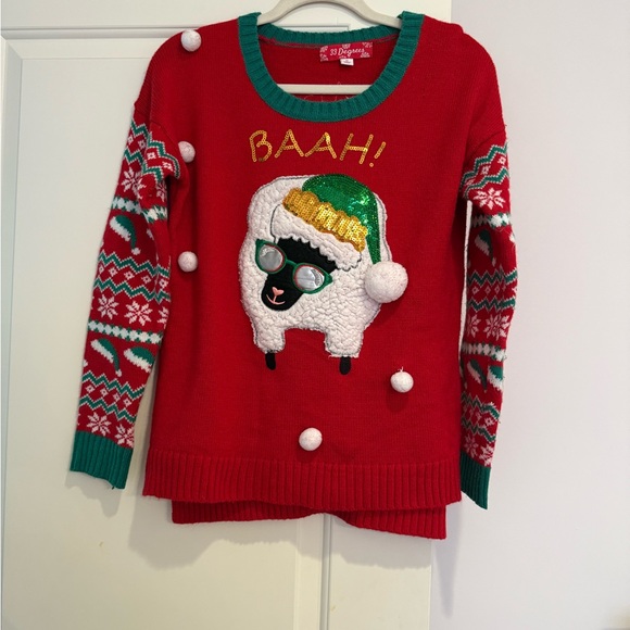 Red Holiday Sweater with Festive Sheep Design - Picture 1 of 3